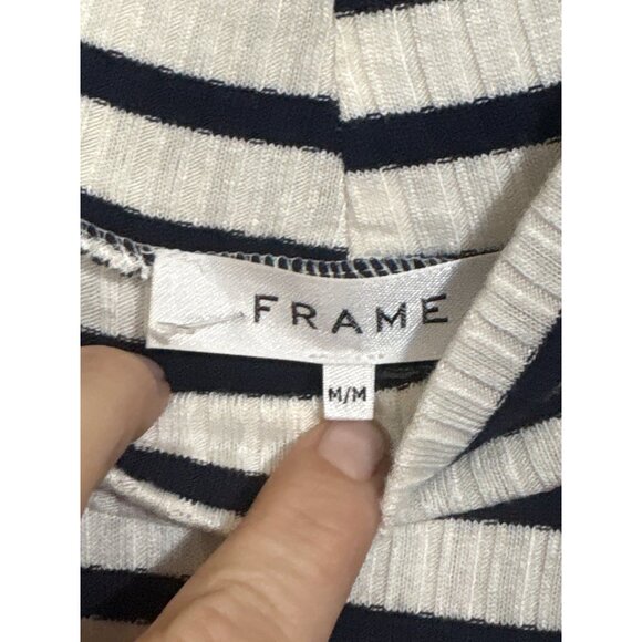 Frame Womens 70s Striped Ribbed Long Sleeve Mock Neck Top White & Navy M - Picture 2 of 4